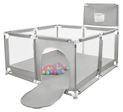 Produktbild von Baby Laufgitter - XXL Spielgitter 180 x 120 cm - Faltbar - Mit Reißverschlusstür - 50 Bälle & Basketballkorb - 8 Saugnäpfe - Hellgrau