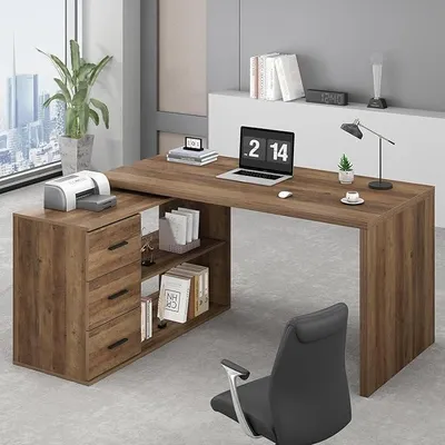Imagen del producto de Escritorio de esquina de roble rústico de 140 cm, de madera, con espacio de almacenamiento, ideal para el teletrabajo