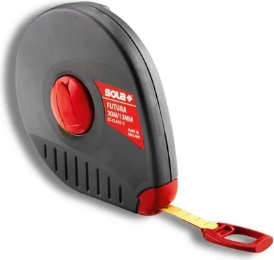 Produktbild von SOLA FUTURA - Maßband Glasfaser 30m / 13mm - gelb mit mm Skala - Genauigkeitsklasse II - Bandmaß mit Multifunktions-Endhaken - Metermaß Länge - 10m, 20m, 30m