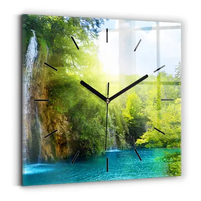 Produktbild von Wallfluent Wanduhr – Stilles Quarzuhrwerk - Uhr Dekoration Wohnzimmer Schlafzimmer Küche - Zifferblatt mit Striche - schwarze Zeiger - 30x30 cm - Lagunenlandschaft