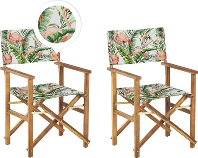 Image de BELIANI Jeu de 2 chaises de jardin en bois d'acacia clair avec motif de pélican en tissu