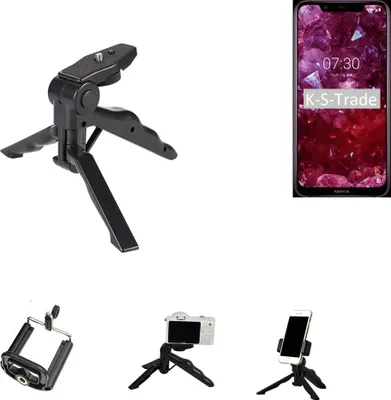 Produktbild von K-S-Trade Stativ Tisch-Ständer Dreibein Handy-Stativ Ständer kompatibel mit Nokia 8.1 Mini-Stativ Smartphone Tripod Handy-Stativ aus Plastik schwarz