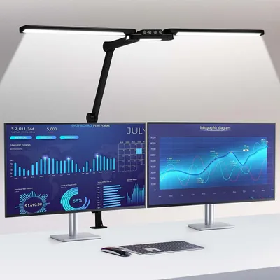 Produktbild von LED Schreibtischlampe 24W Klemmbar 95cm Doppelkopf Dimmbar 5 Farbtemperatur Augenschutz Büro Tischlampe mit Schwenkarm Tageslichtlampe