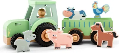 Immagine prodotto di New Classic Toys Trattore di legno con rimorchio e 5 animali