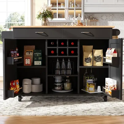 Produktbild von Küchenwagen mit Holzmaserung und mit Speicherraum Kücheninsel Küchenschrank 102×45×92cm Schwarz