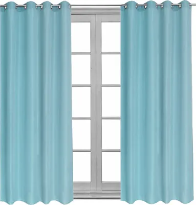 Two light blue curtains are shown hanging in front of a window with white panes.