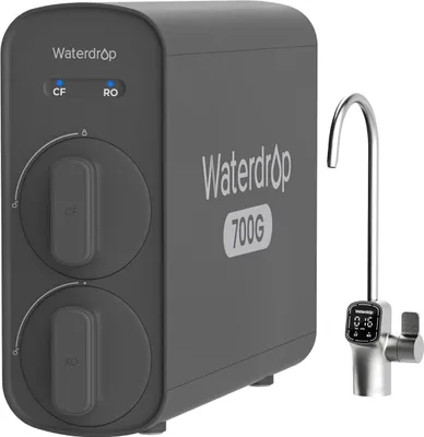 A Waterdrop G5P700 RO water filter system and its smart faucet are displayed against a white background.