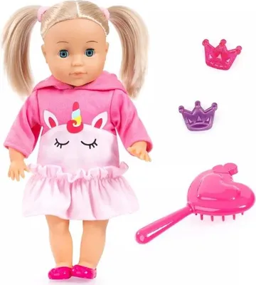 Image de Bayer Design 93335BL Poupée interactive avec cheveux, rit, bruit de bisous, corps doux, accessoires pour cheveux, 33 cm