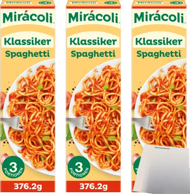 Produktbild von Miracoli Spaghetti mit Tomatensauce Klassiker 3 Port. Packung 3er Pack (3x376,2g) + usy Block