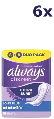 Produktbild von 6 x Always Discreet Extra Long Plus Inkontinenz-Schutz, 16 Stück Slipeinlagen