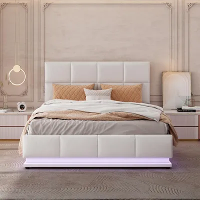 Produktbild von Polsterbett mit LED Beleuchtung & Hydraulisch anhebbarer Bettstauraum Doppelbett Erwachsenen Jugendbett 140x200 cm