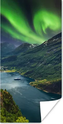 Produktbild von MuchoWow® Poster Nordlichter - Berg - Boot - Norwegen 20x40 cm - Plakat - Foto