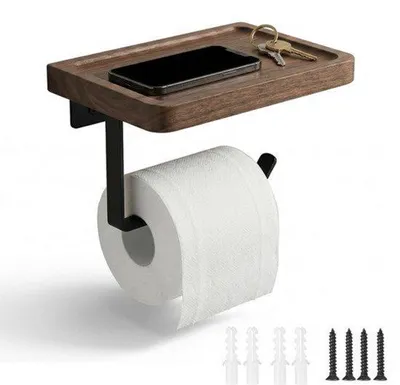 Zdjęcie produktu dla Uchwyt na papier toaletowy do montażu na ścianie z półką, bambusowy uchwyt na papier toaletowy z półką do łazienki, drewniany uchwyt na rolkę papieru toaletowego do montażu