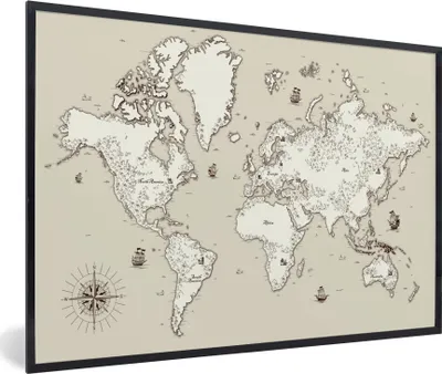 Produktbild von MuchoWow® MuchoWow® Gerahmtes Poster Weltkarte - Vintage - Antik 60x40 cm - Poster mit zchwarzem Bilderrahmen - Printing - Wanddeko Schlafzimmer