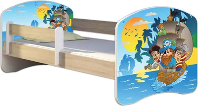 Produktbild von ACMA Jugendbett Kinderbett Junior-Bett Komplett-Set mit Matratze Lattenrost und Rausfallschutz Sonoma 21 Piraten 140x70