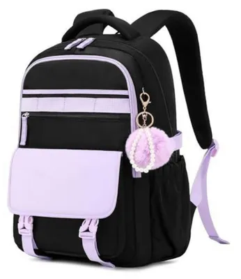 Immagine prodotto di Zaino per scuola, modello per bambine, design a blocchi di colore, nero e viola, idrorepellente, con cintura per bagagli e elementi riflettenti