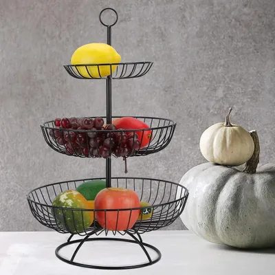 Produktbild von Metallene Obstschale - 3-stöckiger Gemüseaufbewahrungskorb - Obstdisplay-Ständer - Küchenarbeitsplattenorganisation - Hängend Schwarz