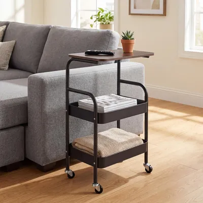 Produktbild von 3 Ebenen Rollwagen,Küchenwagen mit Holztischplatte,Servierwagen Bastelwagen Multifunktional Wagen für Büro,Wohnzimmer,Küche 43x30x77cm Schwarz