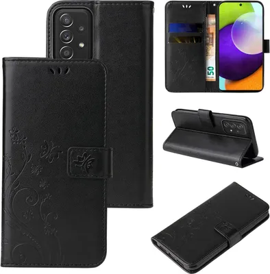 Produktbild von Handyhülle für Samsung Galaxy A52 / A52 5G / A52s 5G Floral Blumen Schmetterling Flip Cover Hülle Case Klapphülle Handytasche Farbe: Schwarz