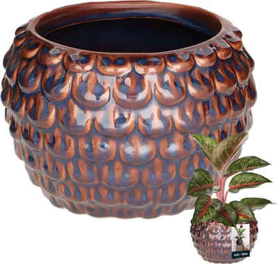Zdjęcie produktu dla KOTARBAU® Artystyczna doniczka ceramiczna duży wzór vintage rybia łuska ręcznie wykonana ⌀ 17 cm wysokość 13 cm Doniczka ceramiczna doniczka ceramiczna niebiesko-brązowa doniczka ceramiczna orchidea