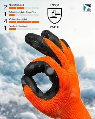 A gloved hand making an OK sign against a snowy background, with product feature information displayed.