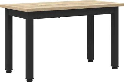 A table with a wooden top and black metal legs, isolated on a white background.