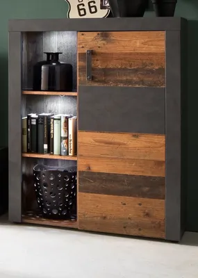 Produktbild von Highboard "Indy" in Used Wood mit grau Vitrine 87 x 118 cm