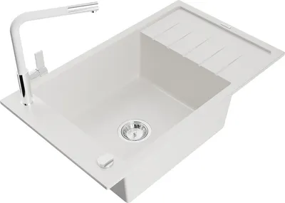 Produktbild von Mexen Elias 1 Becken-Granitspüle mit Abtropffläche und Mischbatterie Flora, Weiß - 6511-20-670401-02