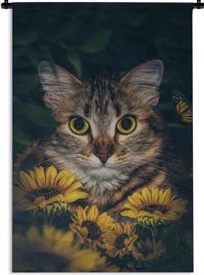 Produktbild von MuchoWow® Wandteppich Wandbehang Katze - Gelb - Blumen - Botanisch 90x135 cm Tapisserie Dekoration Wandtuch - Baumwolle - Wandskulptur