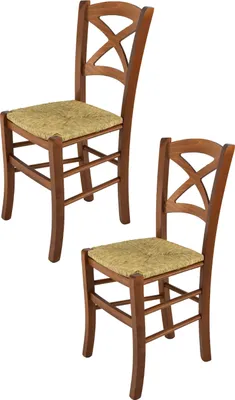 Produktbild von t m c s Tommychairs - 2er Set Stühle CROSS für Küche und Esszimmer, robuste Struktur aus lackiertem Buchenholz im Farbton Helles Nussbraun und Sitzfläche aus Stroh