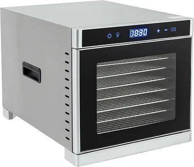 Image de Déshydrateur en acier inoxydable, séchoir alimentaire, appareil de lyophilisation, 700 watts. Lyophilisateur pour usage domestique. Séchoir à 8 plateaux, avec minuterie et contrôle de la température de 35 à 75 °C, idéal pour fruits, viandes, légumes et herbes