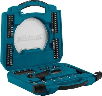 An open teal toolbox containing various screwdriver bits and a screwdriver.