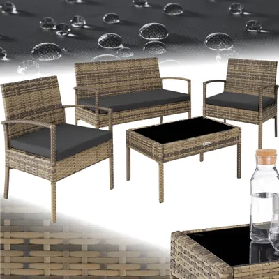 A rattan furniture set for four people, including a two-seater sofa, two armchairs, and a coffee table, displayed on a white and gray background with water droplet graphics.