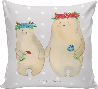 Produktbild von Mr. & Mrs. Panda kissen für sofa Bären mit Blumenkranz - Grau Pastell - Geschenk, Kinder, Kuschelkissen, Muttertag, Mama, Polster, Kuschel, Family, Dekokissen, bedruckt