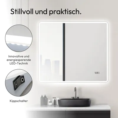 Produktbild von LED Badspiegel 80×70 cm, Alurahmen, Licht neutralweiß, IP24, Digitaluhr