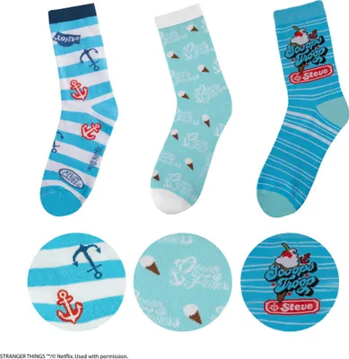 Three pairs of socks with different patterns and close-up views of the patterns.
