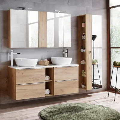 Produktbild von Badmöbel Set mit Doppel-Waschplatz inkl. 2 Keramik-Aufsatzbecken TOSKANA-56 Wotaneiche/Hochglanz weiß BxHxT ca. 205/190/46cm