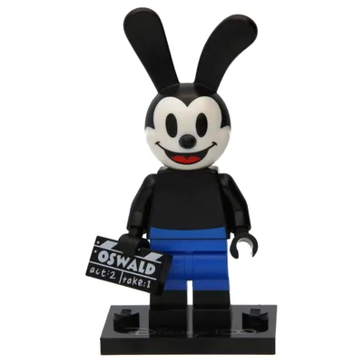 A LEGO minifigure of Oswald the Lucky Rabbit holding a clapboard.