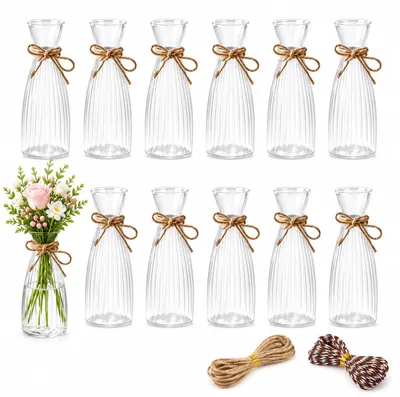 12 Mini-Blumenvasen aus Kunststoff, transparent, mit Dekoband