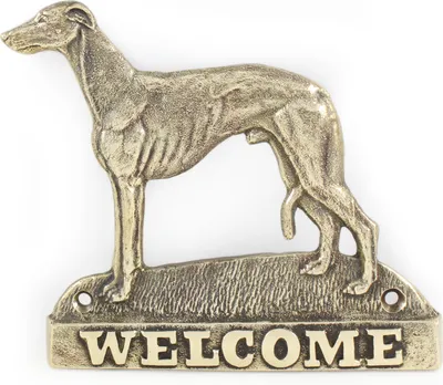 Productafbeelding van Whippet - bordje op de deur met een hond, een messing welkomstplaatje, een uniek bord met de tekst Welcome van het merk Art-Dog Art-Dog