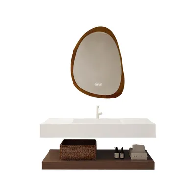 Produktbild von Waschbecken aus Sinterstein Modernes Waschbecken Badezimmer Hänge Waschbecken mit Asymmetrischer LED Spiegel, Ablage 120*55cm 【C028】