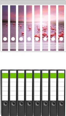 Produktbild von Wallario 8 Stück schmale Ordner inkl. Klebeetiketten mit Motive Rosa Flamingos bei Sonnenuntergang -  Set mit Rückenschildern / Ordnerrücken Stickern
