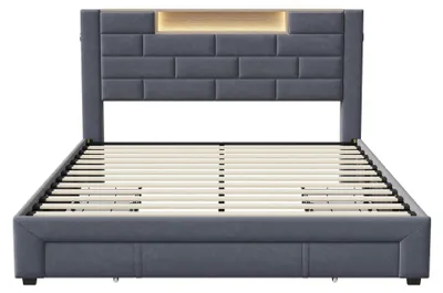 Produktbild von Polsterbett 140x200 cm - Doppelbett mit 3 Schubladen und USB - LED-Beleuchtung - Samtbezug - Grau - Belastbar bis 300 kg