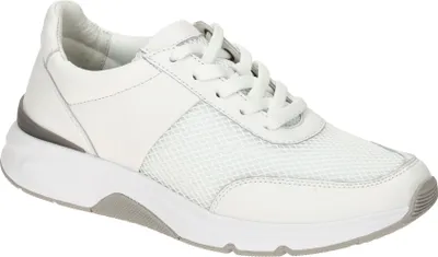 A white Gabor ROLLINGSOFT women's sneaker is shown from a side angle against a white background.