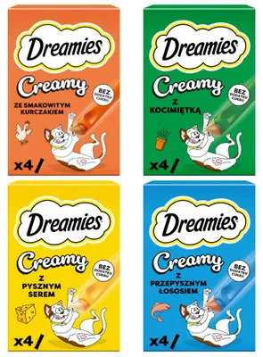 Zdjęcie produktu dla Dreamies Creamy 16x10g Kremowy Przysmak Dla Kotów Mix Smaków Kurczak Ser Łosoś Kocimiętka