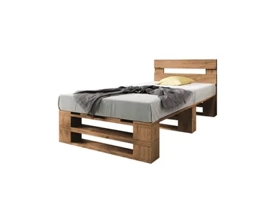 A single bed frame made of wood pallets, with a mattress, grey blanket, and yellow pillow.
