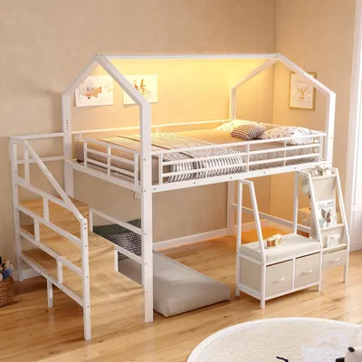 Produktbild von Hochbett 140 x 200 cm mit LED-Lichtleiste, Stauraumleiter, Stoffregal und Schubladen, Schutzgeländer, Dachdesign, Metall und MDF