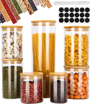 Produktbild von Vorratsdosen aus Glas, 7er-Set, Vorratsdosen mit Deckel, Vorratsdosen aus Glas, Gewürzdosen, versiegelt, beschriftet, für Pasta, Nachos, Bohnen