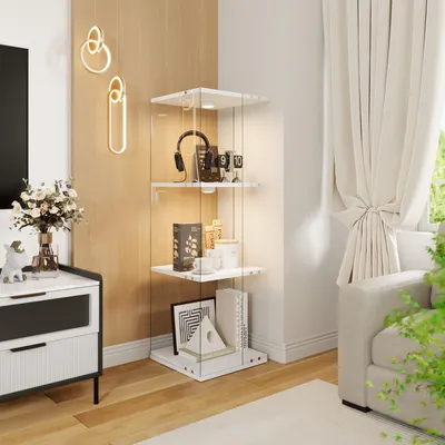 Produktbild von UnboxG Vitrine 121 cm, 360° drehbarer Glasschrank mit RGB-LED-Beleuchtung, 3 Ebenen, Fernbedienung und Kippschutz, Sammlerschrank für Figuren und Sammlerstücke, Weiß, 38 × 38 × 121 cm