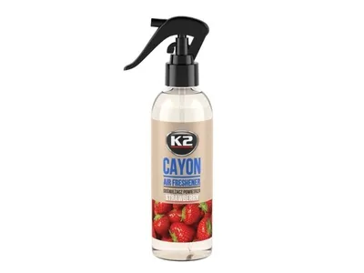 A bottle of K2 Cayon Air Freshener with a strawberry scent.